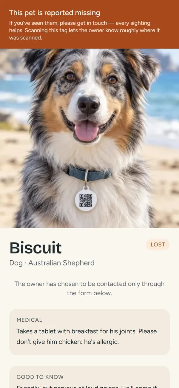 A PetTag page in lost mode: a banner saying the pet is reported missing, above its photo and name