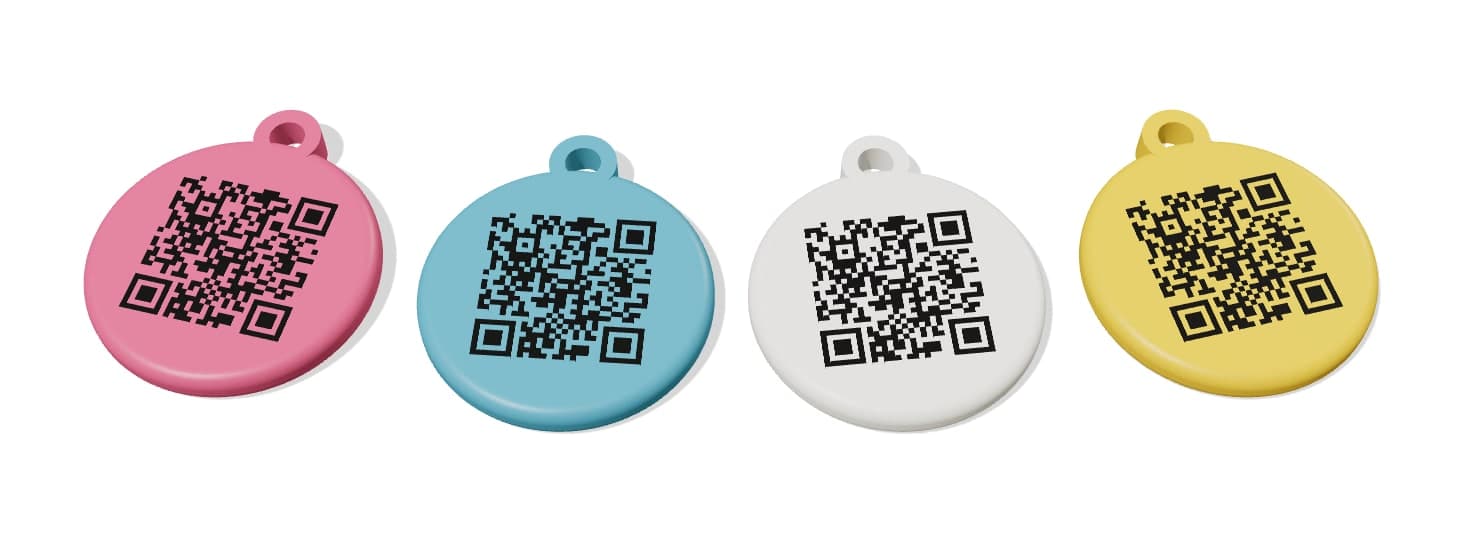 PetTag QR code tags in pink, blue, white and yellow