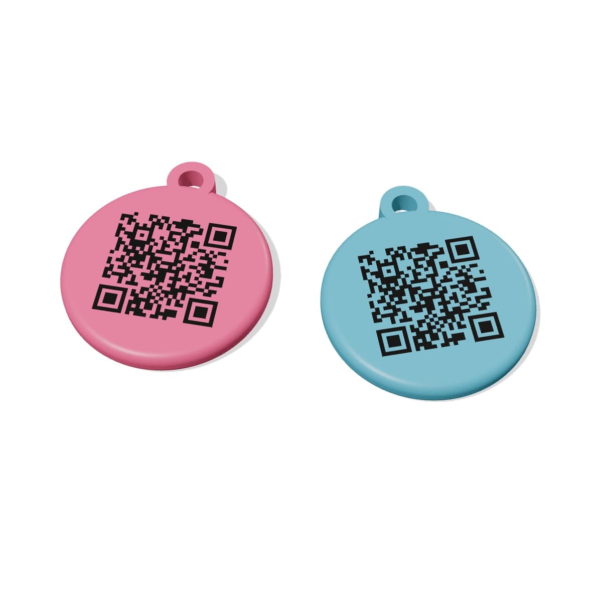 Two PetTag QR code tags, pink and blue