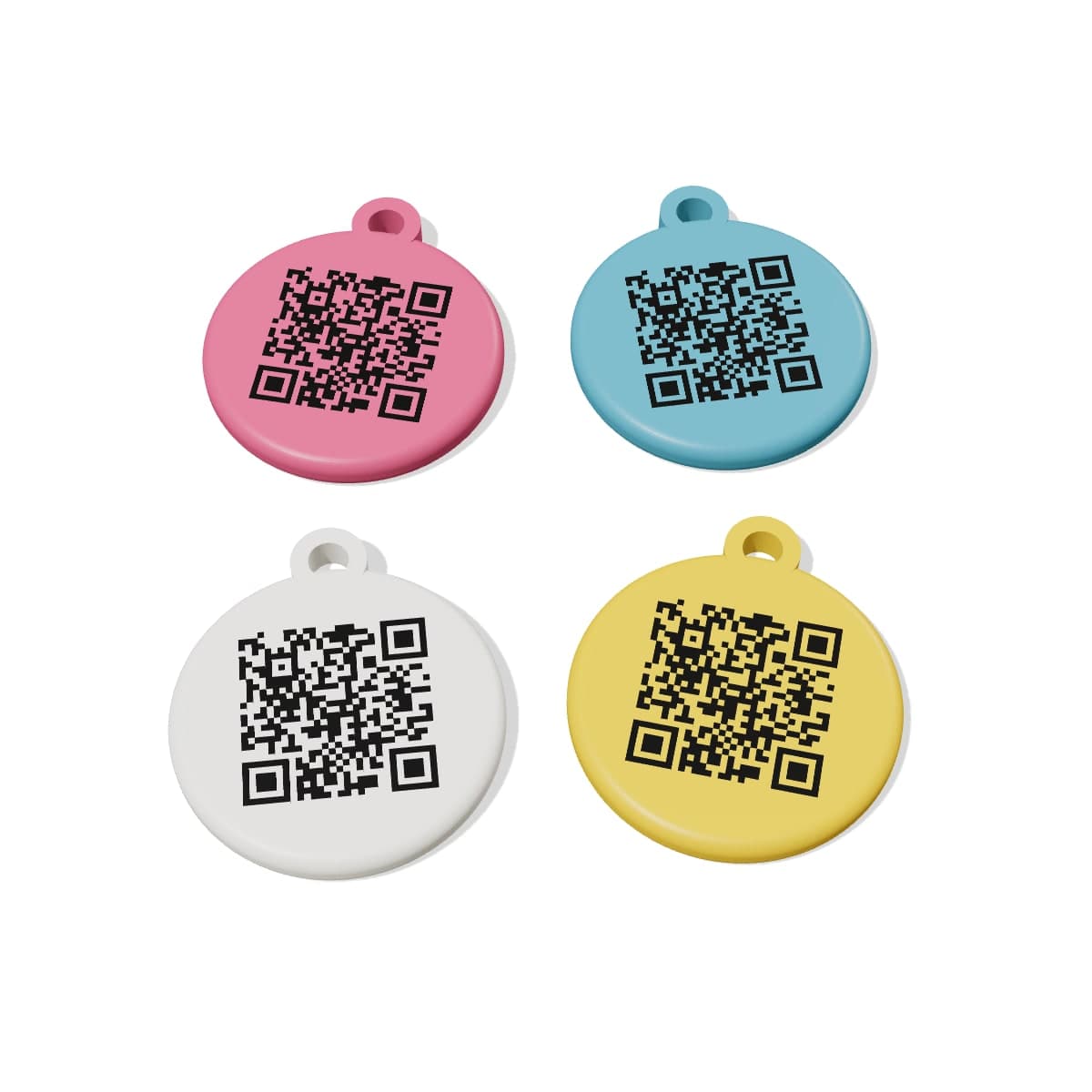 Four PetTags in pink, blue, white and yellow
