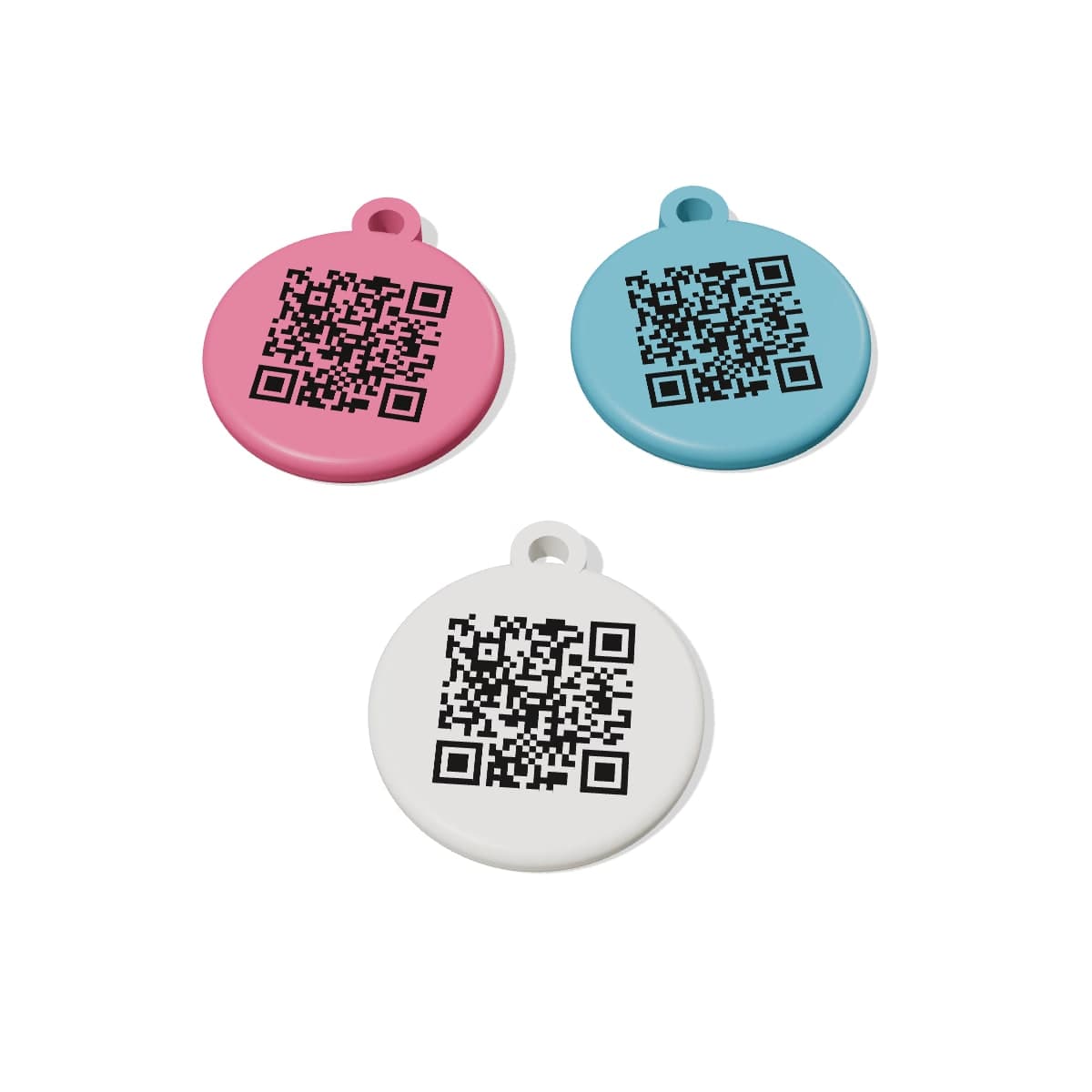 Three PetTags in pink, blue and white