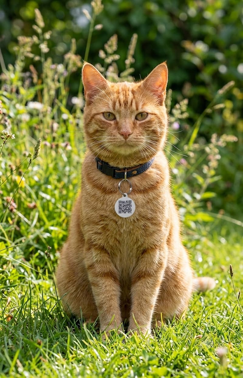 A cat wearing a collar with a QR code tag