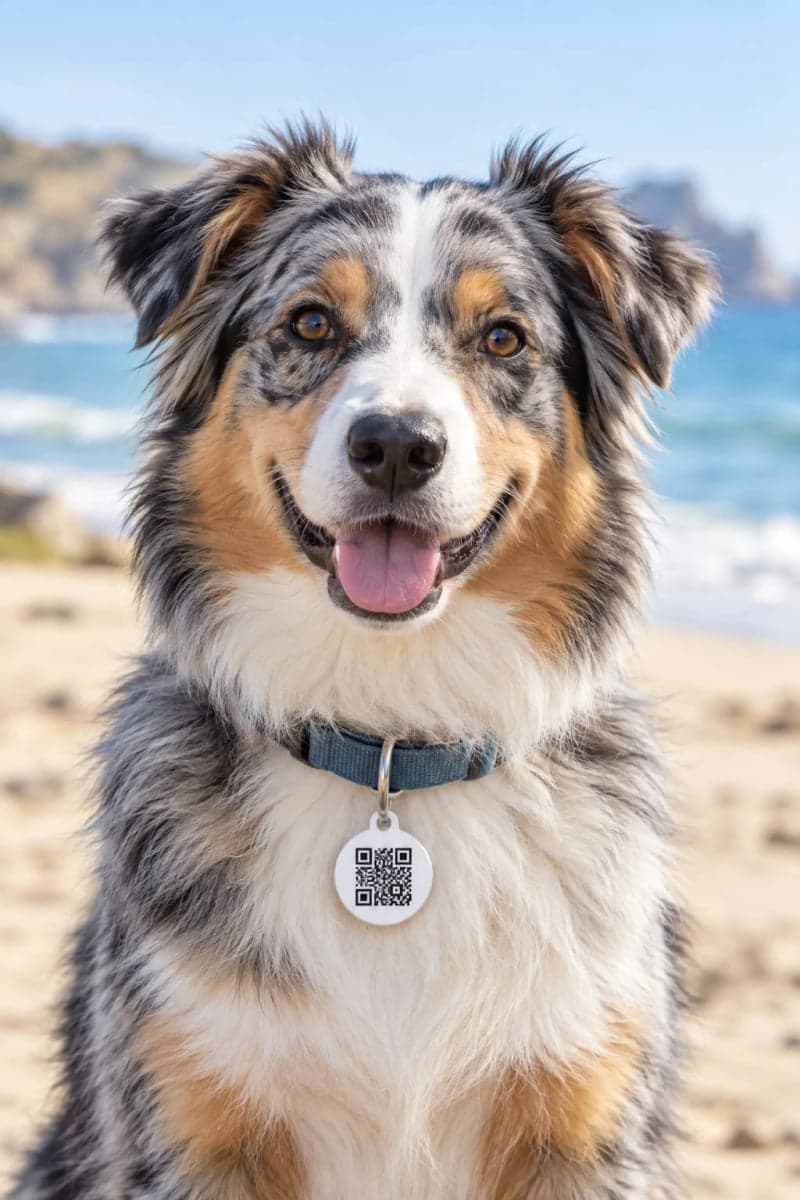 A dog wearing a collar with a QR code tag