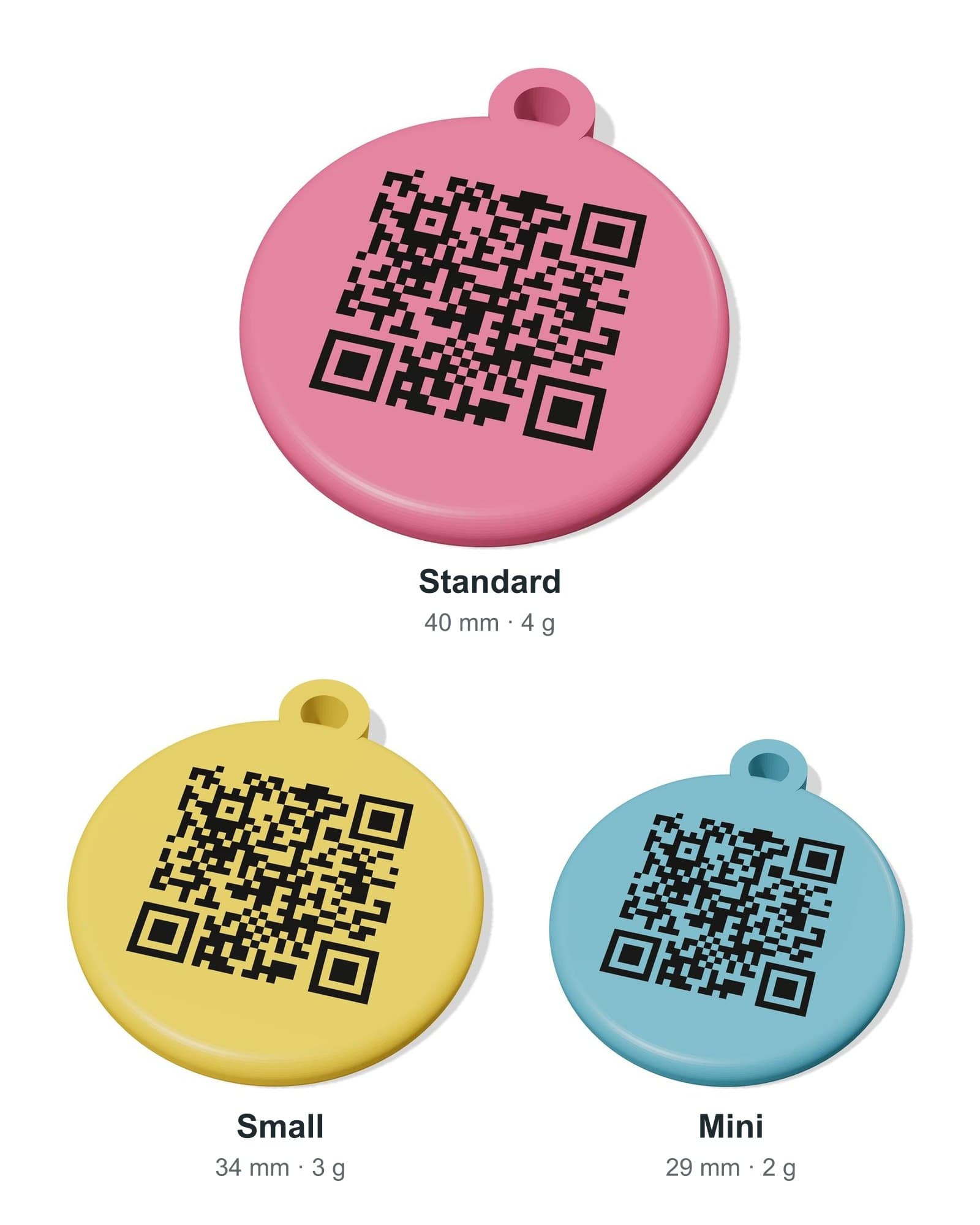 The three PetTag sizes to scale: a pink Standard tag (40 mm, 4 g), a yellow Small (34 mm, 3 g) and a blue Mini (29 mm, 2 g)